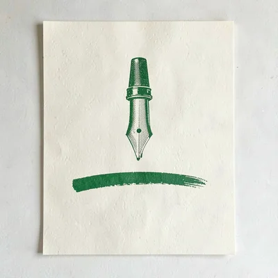 Riso flyer motif of a halftone fountain pen above a single confident horizontal