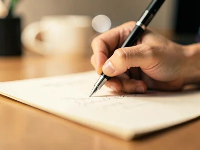 Pen tip writing on paper, desk dissolved