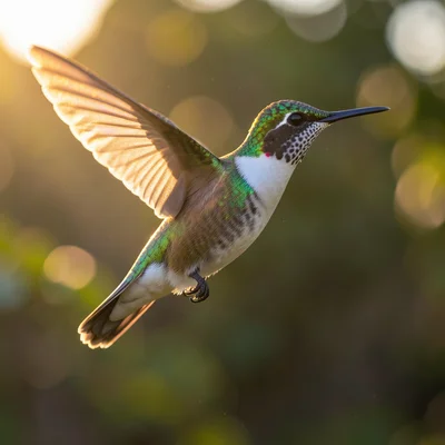 Hummingbird frozen mid-flight, iridescent feathers catching sunlight
