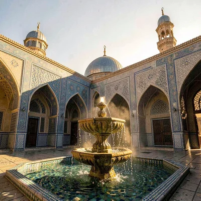 Islamic Cairo geometry, medieval city light, ablution fountain in courtyard, wat