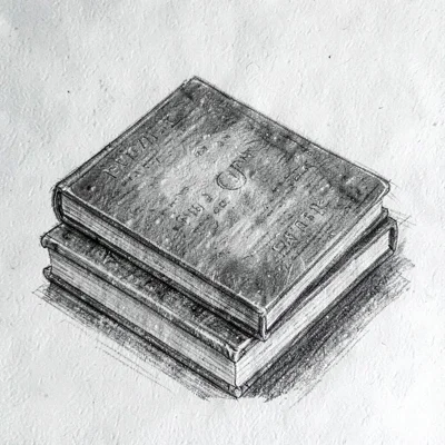 Charcoal sketch of a closed chapbook resting on a stack of paperbacks