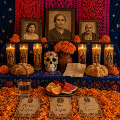 > A Mexican Día de los Muertos ofrenda photographed frontal at eye level, filling a square 1:1 frame, full bleed. The al
