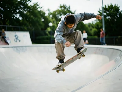 Skateboarder mid-trick at a skatepark, baggy clothes, captured from low angle