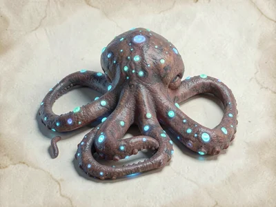 Resting deep-sea kraken with bioluminescent spots along the mantle and arms fold