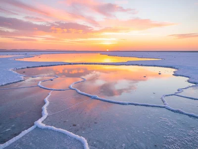 Sunset salt flat mirror — orange and pink sky above and below, horizon line invi