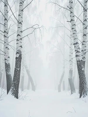 Snowy birch grove with charcoal trunks bent under a fresh fall, ground a single