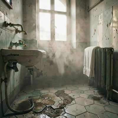 Humid atmospheric scene, Central European grandeur, Brass bathroom fixtures with