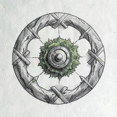 Player aid card with cross-hatched action symbols arranged in a clockwise ring a