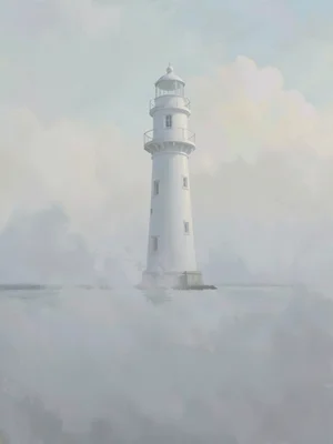 Slim white-painted beacon rising from a fog bank, lower half completely erased,
