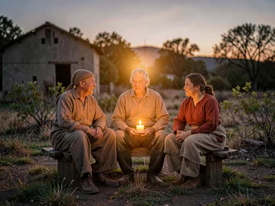 Lamp-lit group portrait of three villagers around an outdoor gathering bench, wa