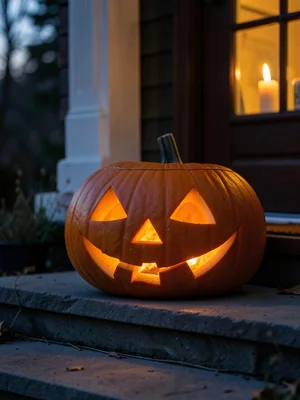 Carved jack-o-lantern glowing on porch steps at dusk, warm candlelight inside