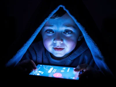 Child's face glowing from tablet under blanket covers, the secret screen time, w