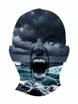 Screaming face silhouette filled with crashing waves and storm clouds, double ex