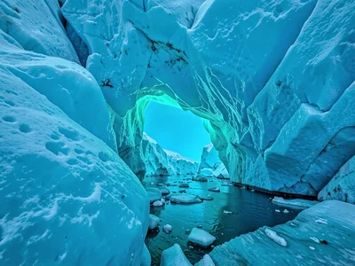 Compressed ancient ice glowing cyan