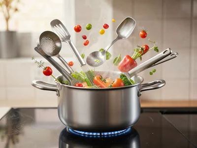 Kitchen utensils floating in cooking formation, ingredients hovering around invi