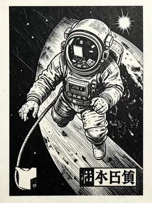 A cosmonaut in a spacesuit floating against the curve of the Earth, the helmet v