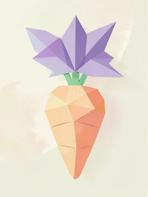 Rooty mint lowpoly carrot with chunky peach taproot facets and a triangulated la