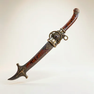 Ornate prop study of a curved scimitar with damascus blade and lacquered grip