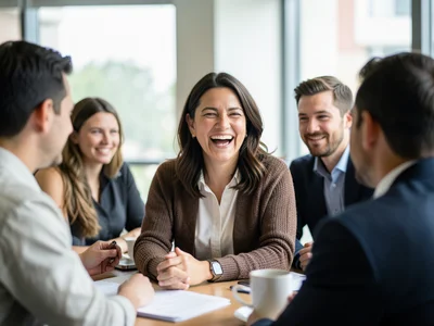 Candid shot of a woman laughing during a casual office meeting, colleagues aroun