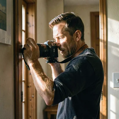 Field DP portrait shoulder-rigging the camera in a doorway, soft natural light r