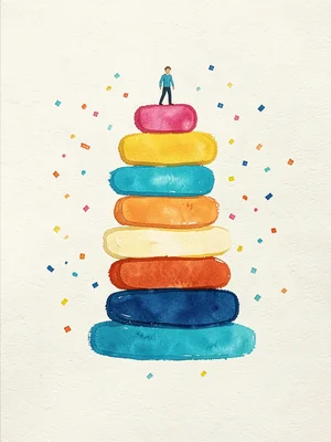 Stacked flat shapes form a precarious tower with one tiny figure painted at the