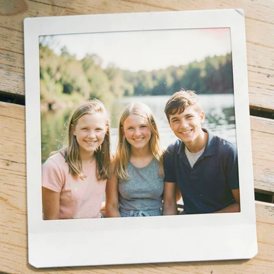 Faded polaroid of teenage friends at a lake, corners bent from being carried in 