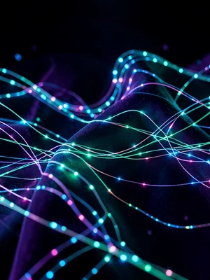 Sari fabric with fiber optic threads glowing, futuristic fashion editorial