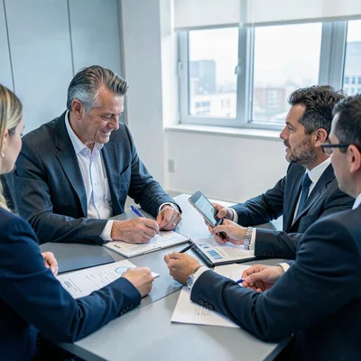 Editorial photograph, Financial planning meeting, papers and tablet on table, co