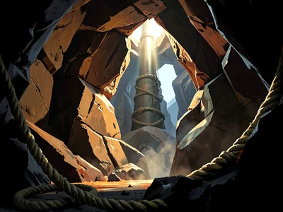 Lava-tube cave system with a chimney shaft of harsh daylight, warm ochre on basa