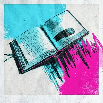 Risograph poster composition of an open book intersecting a soundwave, cyan and 