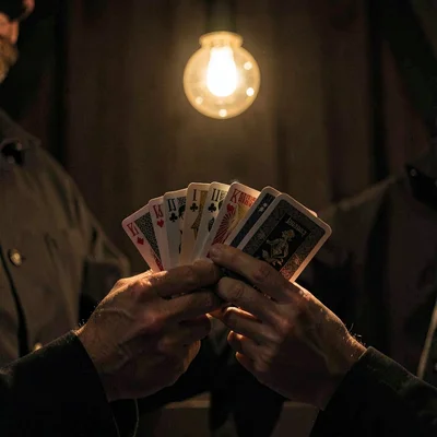 Lamplit portrait of a magician's hands fanning a deck of cards close to the lens