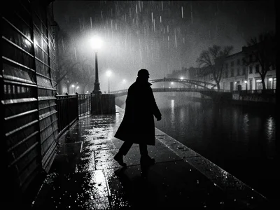 Silhouette in a long coat crossing O'Connell Bridge in heavy rain, streetlights 