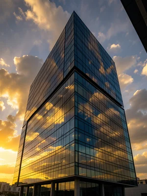 Dramatic exterior of a modern glass skyscraper reflecting golden sunset clouds