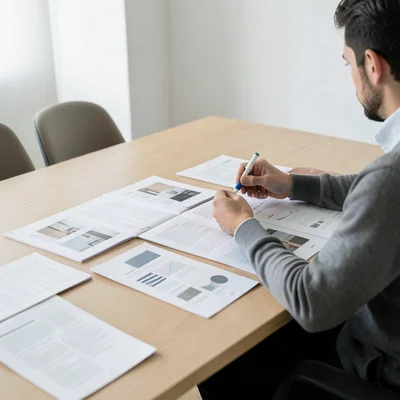 Person reviewing printed reports spread across a wooden conference table, highli