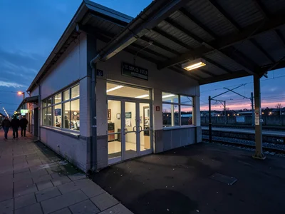 Train station exterior twilight
