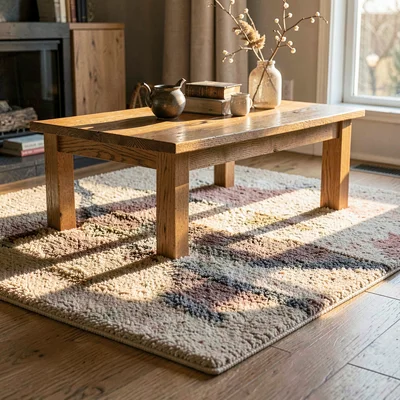 Cozy ig-tile of a wool area rug under a low oak coffee table, late afternoon lig