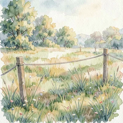 Atmospheric watercolor of a meadow with a string transect and flag markers, soft
