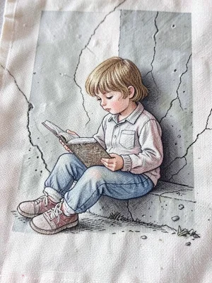 A child sitting alone on a crumbled concrete wall reading a book