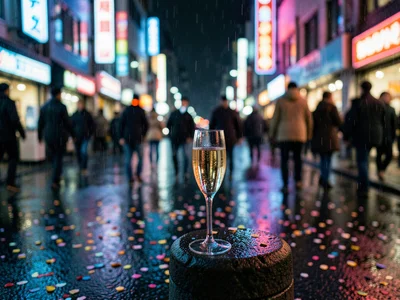 A rain-soaked Tokyo street at midnight on New Year's Eve, confetti plastered to 