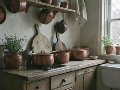 Kitchen with copper pots and wood