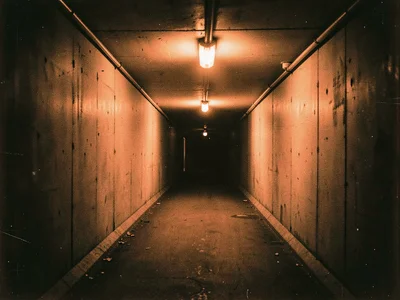 Tunnel interior with sodium vapor strip, orange corridor into darkness