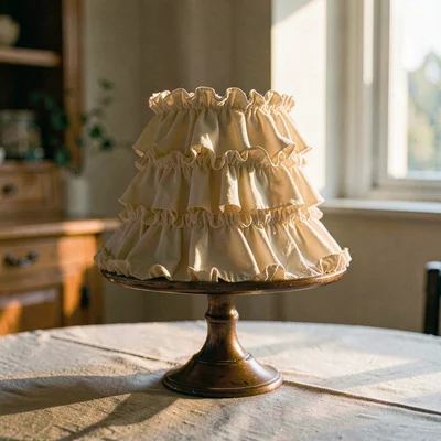 Vertical warm still-life of a tall cake stand with a single ruffled tier, late-d