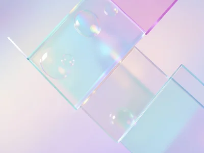 Frosted glass panels overlapping at angles, each a different pastel tint, light 