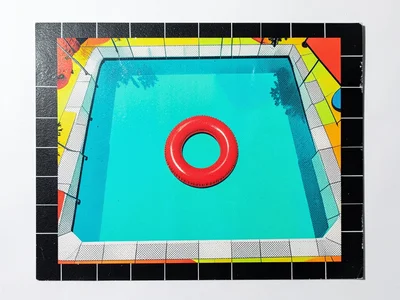 A swimming pool seen from above, the water in turquoise screen print flat color,