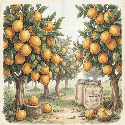 Artisan food packaging illustration, Citrus grove with oranges , farm-to-table a
