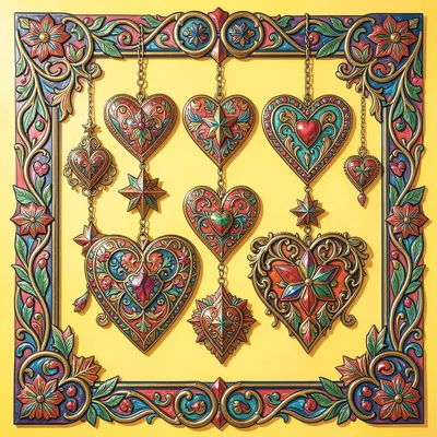 Mexican tin art ornaments hanging on a bright wall, hearts and stars, folk craft
