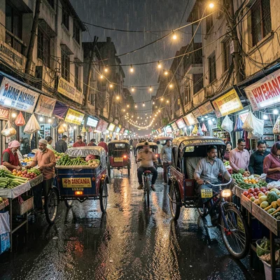 Kinetic density of Dhaka, Bangladesh, Night market lit by bare bulbs, rickshaws 