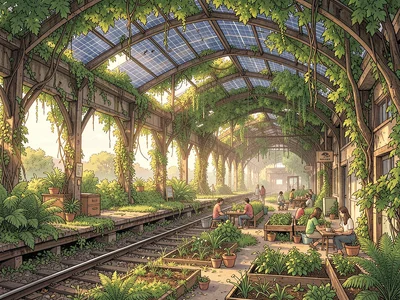 Abandoned train station with a food forest growing through the platform canopy