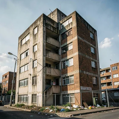 Post-industrial Johannesburg brutalism with harsh flash, Braamfontein student ho