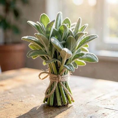 single tied bundle of fresh sage stems with the leaves dusted in soft morning ha